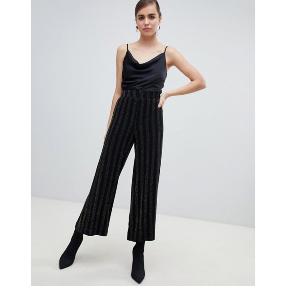 Monki glitter stripe wide leg trousers in black